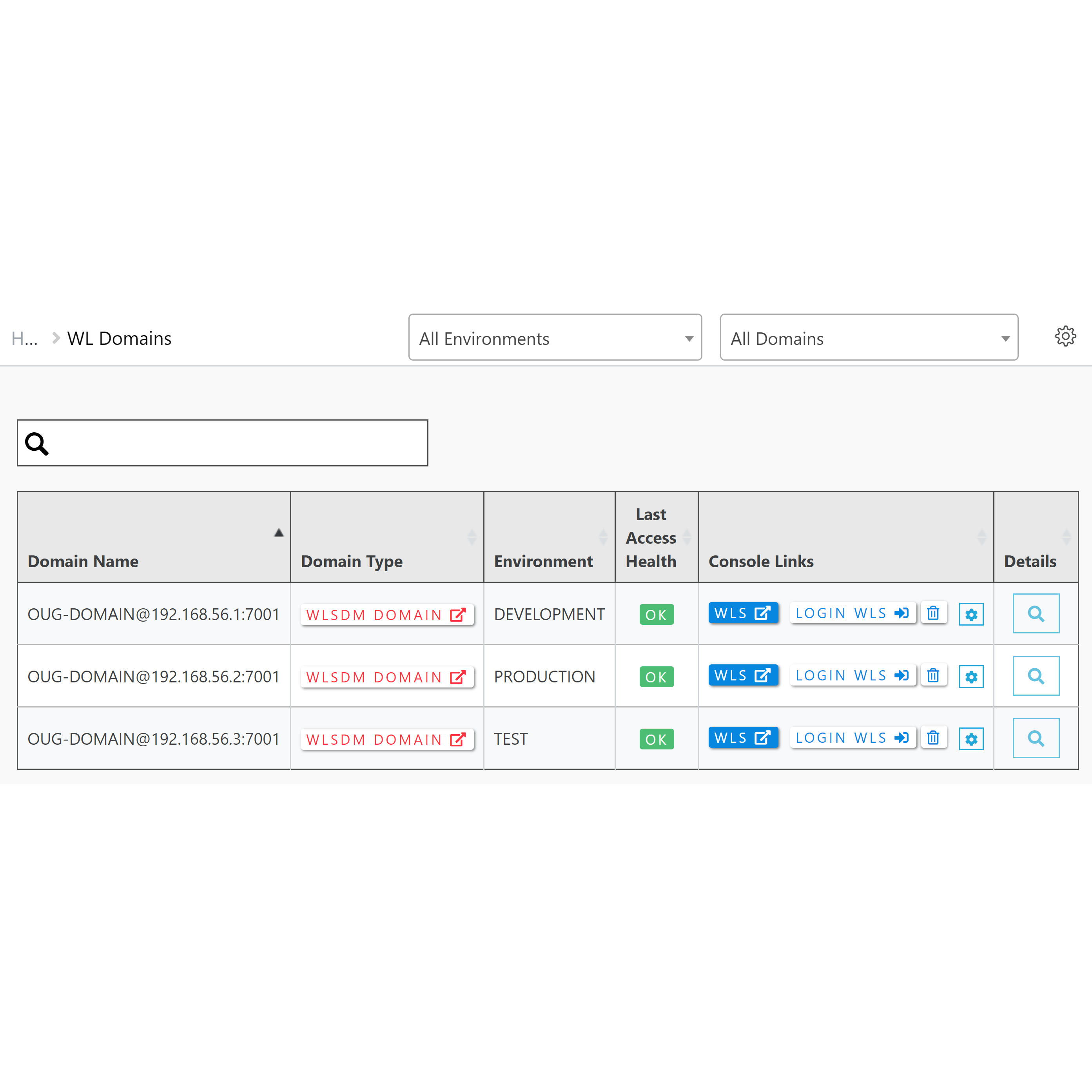 Oracle WebLogic Domains Bookmark Page